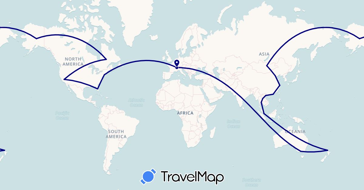 TravelMap itinerary: driving in Australia, Canada, Switzerland, China, Laos, Mongolia, New Zealand, Singapore, Thailand, United States, Vietnam (Asia, Europe, North America, Oceania)